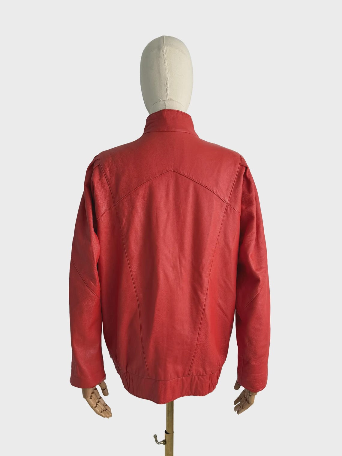 Vintage Red Leather Jacket Women Zip Up Bomber Moto Jacket Retro Size L, foto 4 di 5