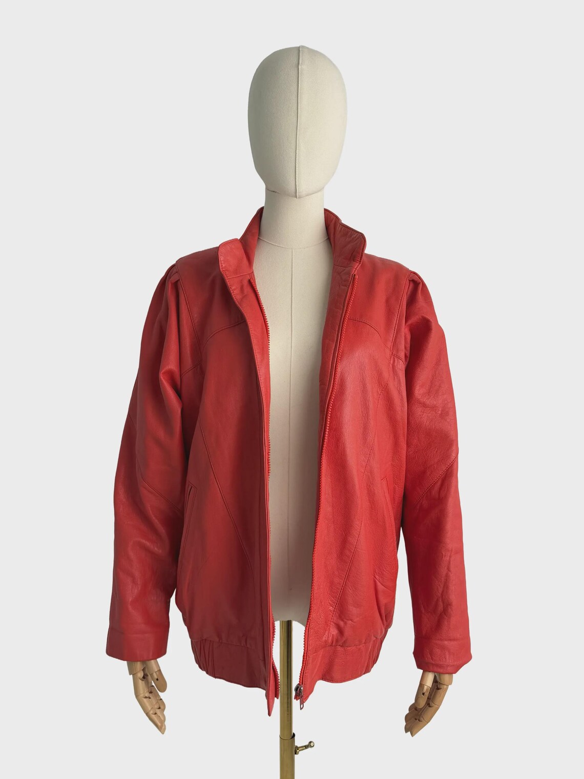 Vintage Red Leather Jacket Women Zip Up Bomber Moto Jacket Retro Size L, foto 3 di 5