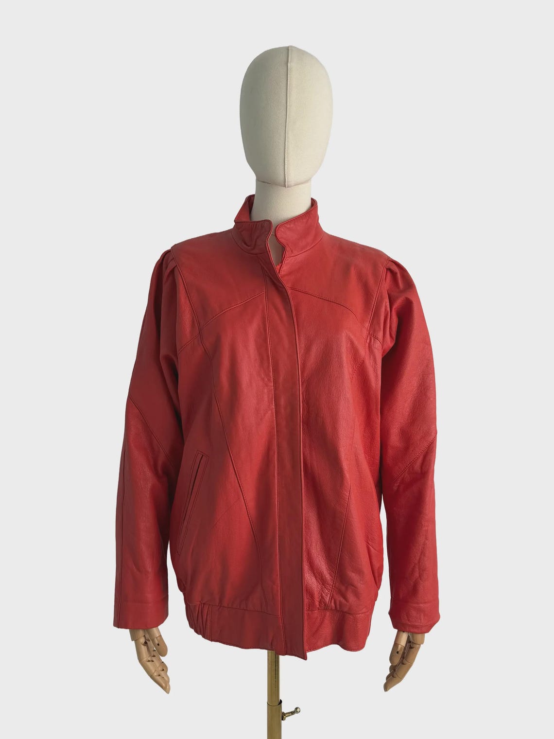 Vintage Red Leather Jacket Women Zip Up Bomber Moto Jacket Retro Size L, foto 2 di 5