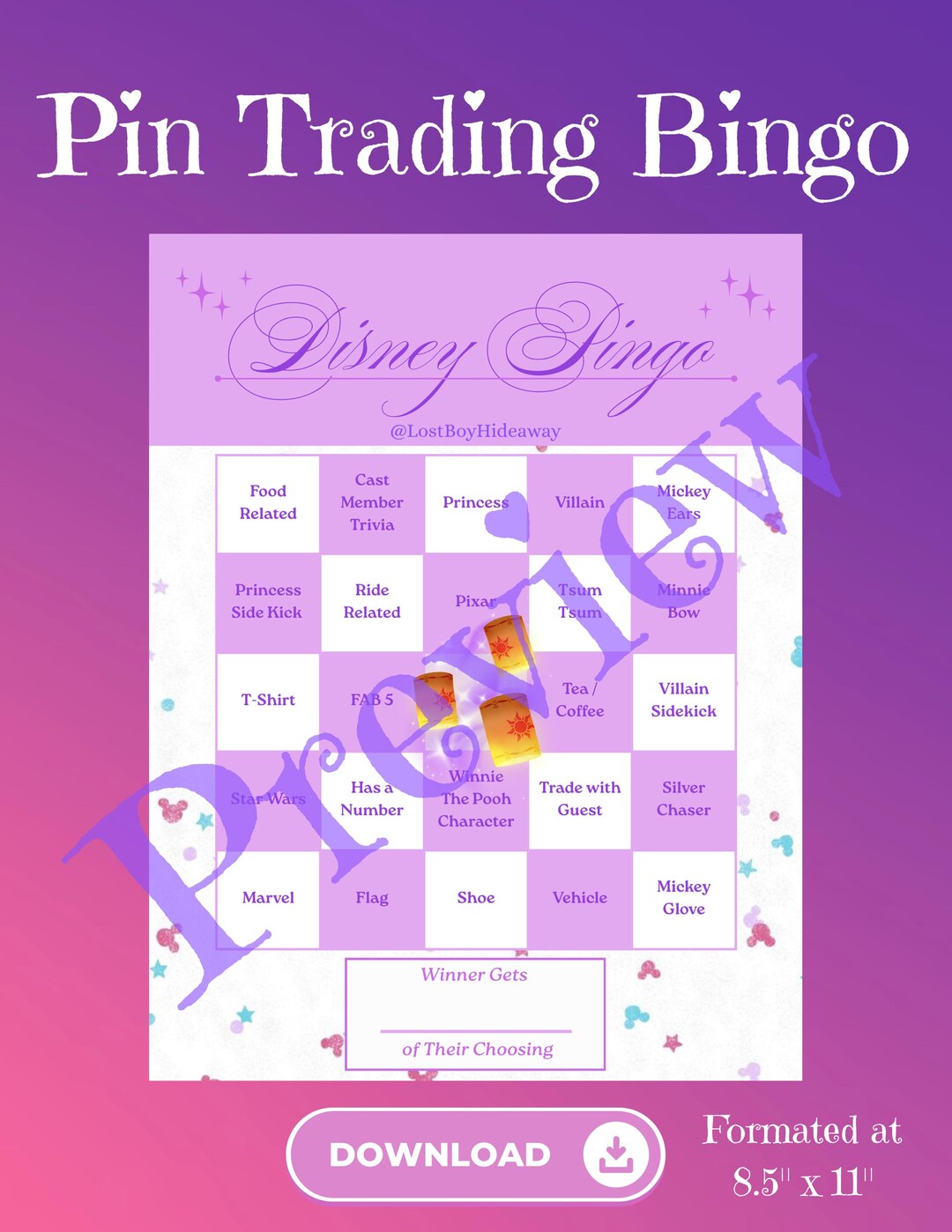 Hat Pin Bingo Example Disney Pin Trading Bingo (pingo) - Etsy