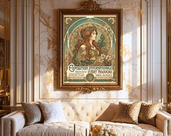Póster francés vintage Art Nouveau de mujer, arte de pared Mucha Stayle, decoración botánica, lámina Art Deco de dama, descarga digital imprimible