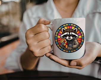 Diseño de pizza con mapache en vidriera artística – Diseño colorido por sublimación (descarga digital)