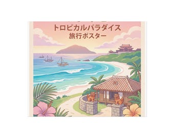 Póster de playa paradisíaca tropical / Lámina de arte, estilo viajero japonés