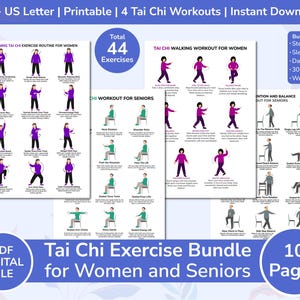 Könnte beinhalten: Ein digitales PDF-Paket mit 4 Tai-Chi-Workouts für Frauen und Senioren. Das Paket enthält 10 Seiten mit 44 Übungen, einen Schrittzähler, einen Schlaftracker, tägliche Reflexion, eine 30-Tage-Checkliste und einen Wochenplaner. Der Text auf dem Bild lautet "Tai Chi Exercise Bundle for Women and Seniors".