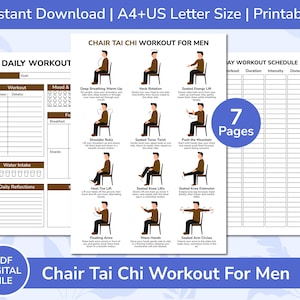 Pode incluir: Arquivo digital PDF imprimível intitulado "Chair Tai Chi Workout For Men". A imagem mostra um cronograma de exercícios com ilustrações de exercícios, incluindo respiração profunda, rotação do pescoço e elevações de joelhos sentados. O arquivo inclui 7 páginas.