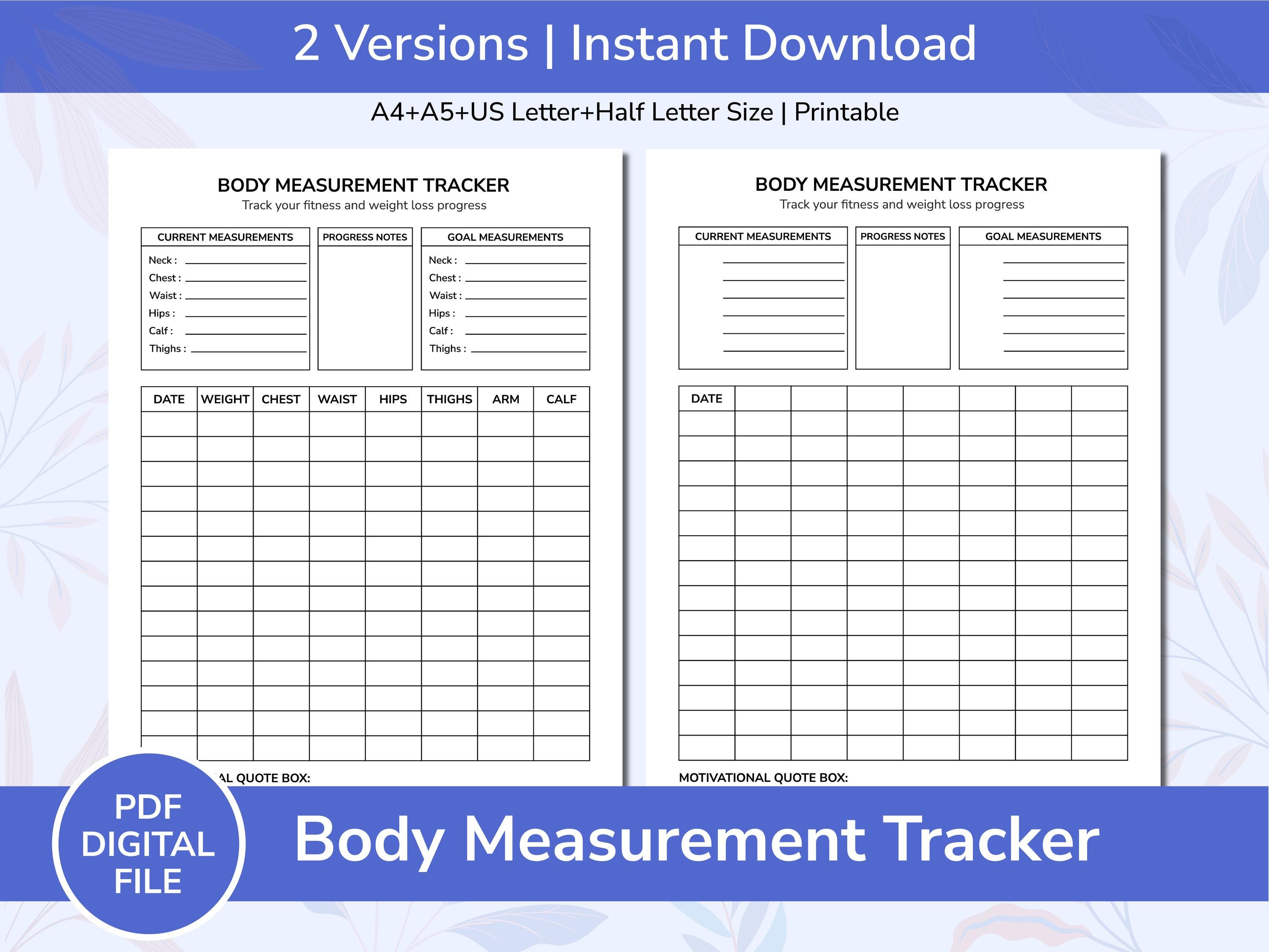 Body Measurement Tracker Printable | Weight Loss Progress Log (instant ...