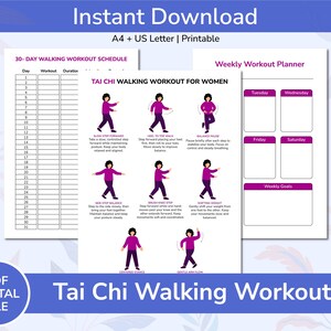 May include: A printable digital PDF file with a Tai Chi walking workout plan. The document includes a 30-day walking workout schedule, a weekly workout planner, and illustrations of Tai Chi walking exercises. The text includes "Instant Download" and "Tai Chi Walking Workout".