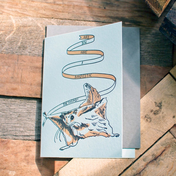 Flying Squirrel Majestic Birthday Letterpress Card - funny birthday handmade blank card - animal sugar glider