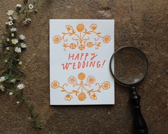 Happy Wedding Letterpress greeting card - wedding day card, handmade, floral vibrant design elegant simple letter press