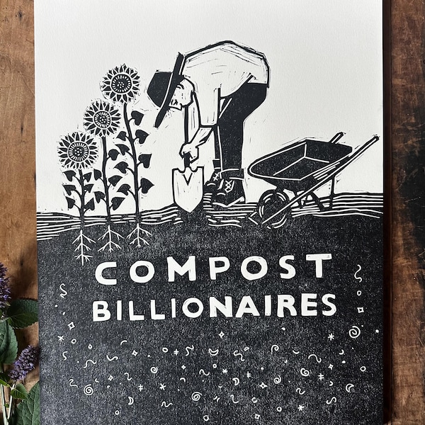 Compost Billionaires Linoleum Block Print