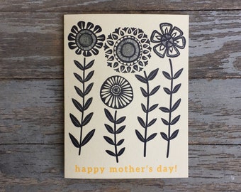 Mother's Day Sunflower Letterpress Card - Swedish folk art flower printed greeting - handmade botanical floral illustration greeting card