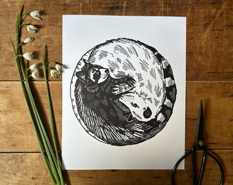 Possum Raccoon Circle Letterpress print