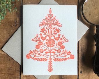 Swedish folk art letterpress Christmas card - tree, decorative, design Christmas, holiday, red and white, nature inspired, blank art card