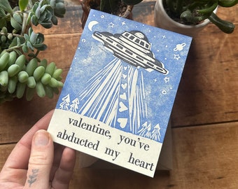 UFO Valentine, You’ve Abducted My Heart linocut letterpress greeting card, handprinted handmade alien card