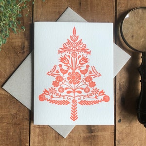 Swedish folk art letterpress Christmas card tree, decorative, design Christmas, holiday, red and white, nature inspired, blank art card image 1