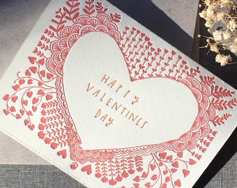 Letterpress Valentines Day Card - floral, folk art, pink and orange, handmade, letter press stationery