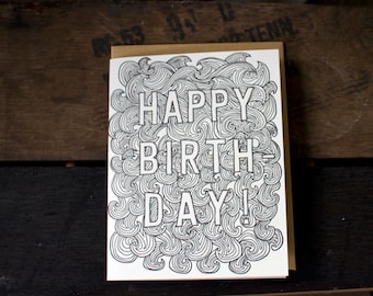 Birthday Waves Letterpress Card - Color Yourself! -  coloring book blank birthday card - handmade black and white