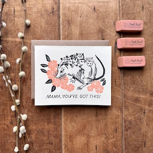 May include: A greeting card with a black and white illustration of a possum with babies on its back. The possum is surrounded by pink flowers. The card reads "Mama, you've got this!"