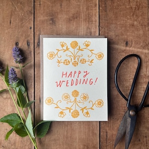 Happy Wedding Letterpress greeting card - wedding day card, handmade, floral vibrant design elegant simple letter press