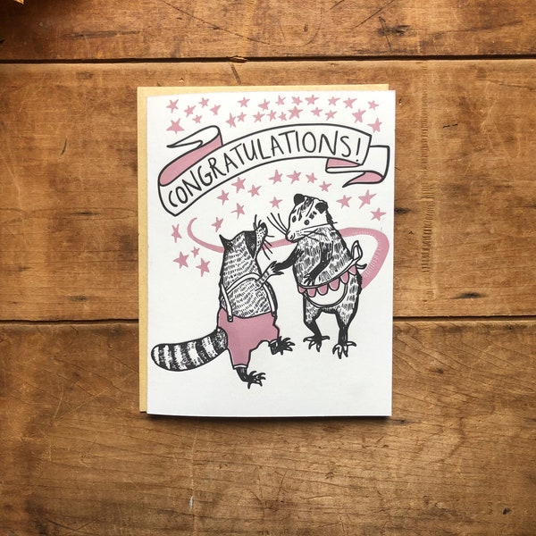 Possum and Raccoon letterpress Congratulations Card