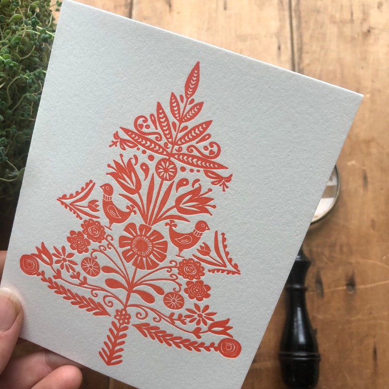 Swedish folk art letterpress Christmas card tree, decorative, design Christmas, holiday, red and white, nature inspired, blank art card image 3