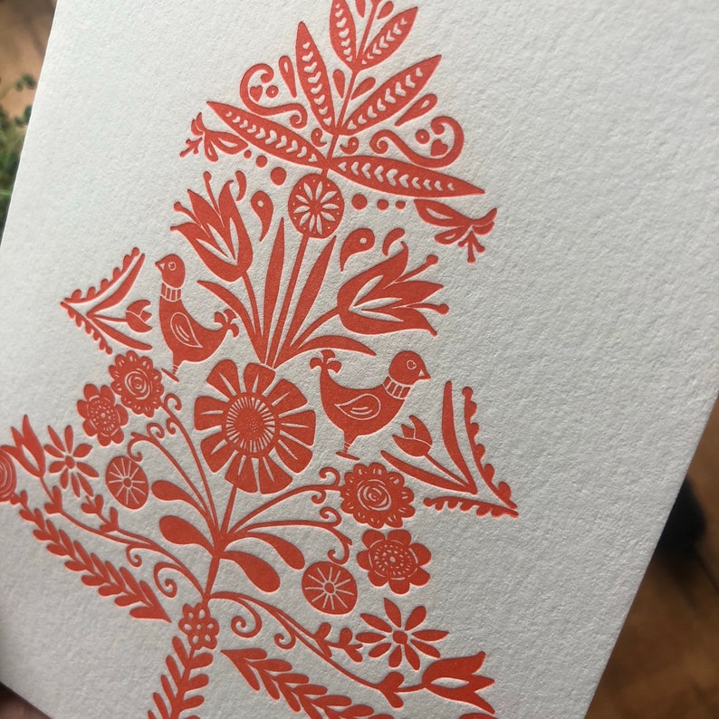 Swedish folk art letterpress Christmas card tree, decorative, design Christmas, holiday, red and white, nature inspired, blank art card image 5