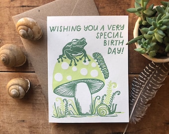 Frog and Mushroom Birthday Letterpress Card