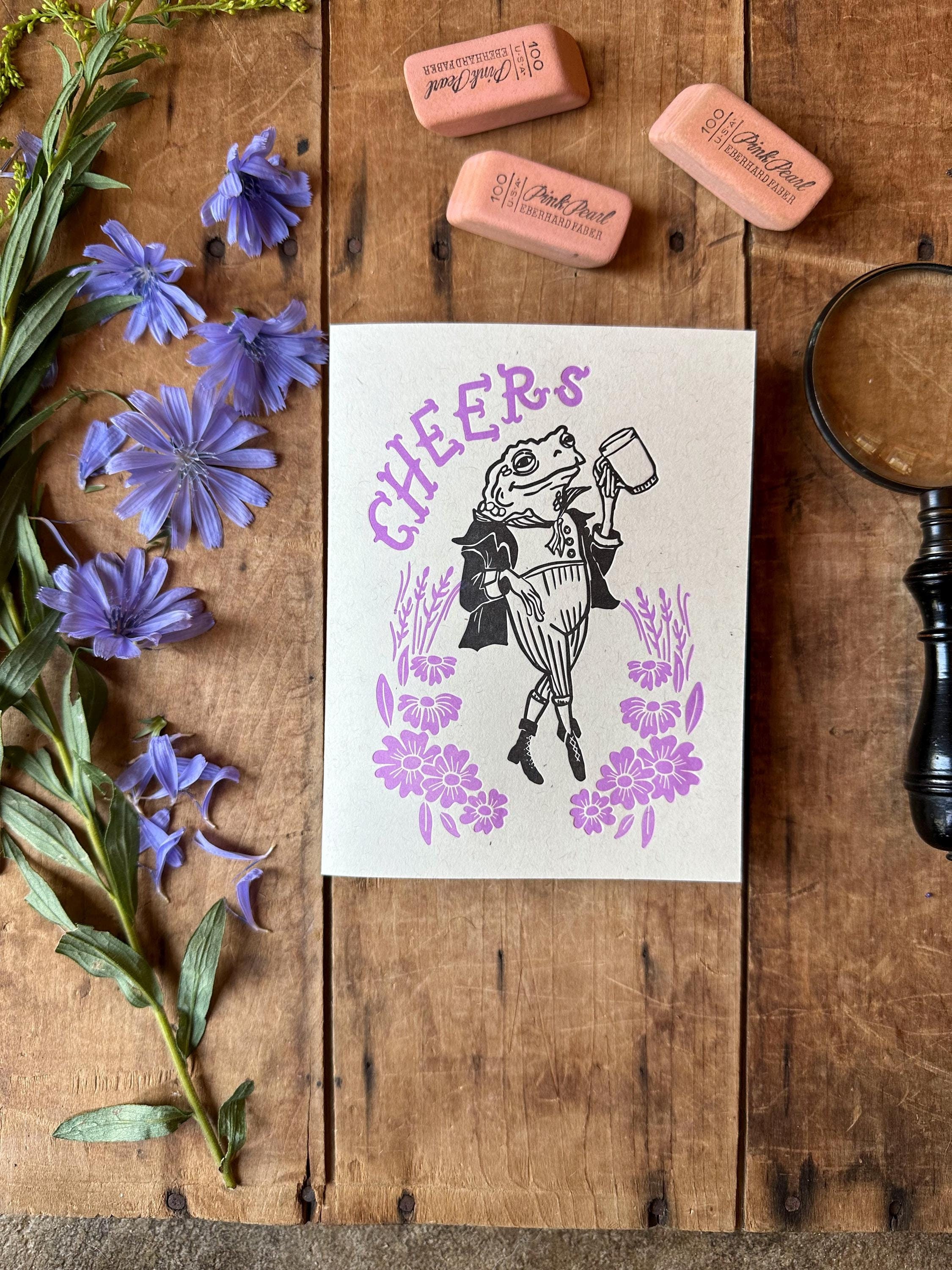 Frog Cheers Card - letterpress greeting card inspired by vintage frog and toad illustrations
