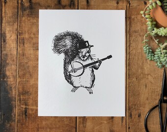 Póster artístico impreso de ardilla tocando el banjo