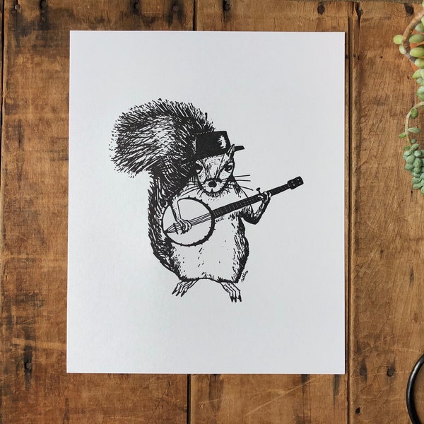 Squirrel Playing the Banjo Letterpress Art Poster