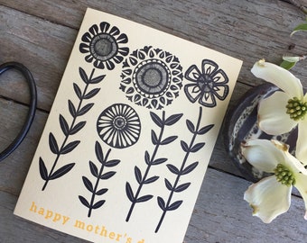 Mother&#39;s Day Sunflower Letterpress Card - Swedish folk art flower printed greeting - handmade botanical floral illustration greeting card