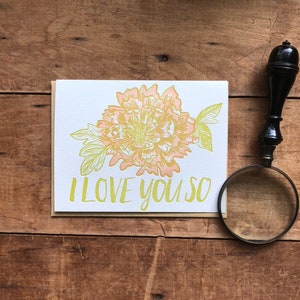 I Love You So Letterpress Love Anniversary Card - flower floral peony card - pink and green - handmade