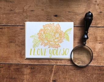 I Love You So Letterpress Love Anniversary Card - flower floral peony card - pink and green - handmade