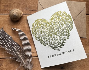 Be My Valentine - Letterpress card - green flower heart