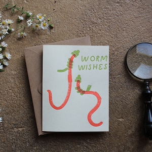 Worm Wishes holiday pun Letterpress greeting card - funny alternative Christmas card, winter card, worms wearing hats letter press