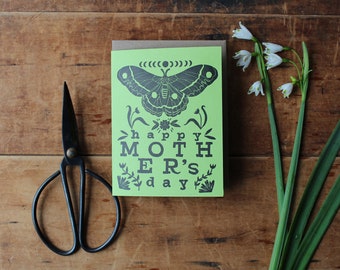 Mother's Day Moth card - luna moth, nature mama, green eco letterpress greeting card for mom