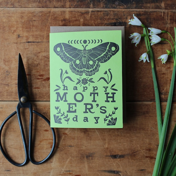 Mother's Day Moth card - luna moth, nature mama, green eco letterpress greeting card for mom