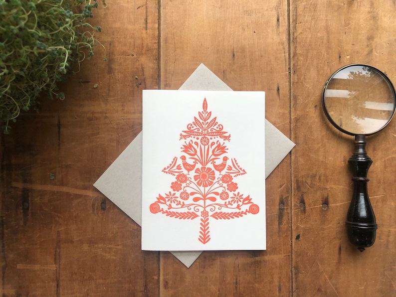 Swedish folk art letterpress Christmas card tree, decorative, design Christmas, holiday, red and white, nature inspired, blank art card image 2