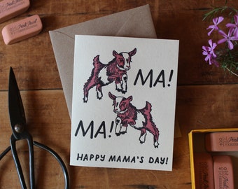 Happy Mama's Day Goat Card - letterpress mother's day greeting card with baby goats - farm animal letter press mothers day card