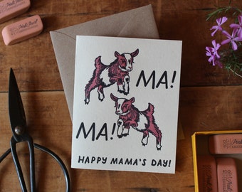 Happy Mama&#39;s Day Goat Card - letterpress mother&#39;s day greeting card with baby goats - farm animal letter press mothers day card