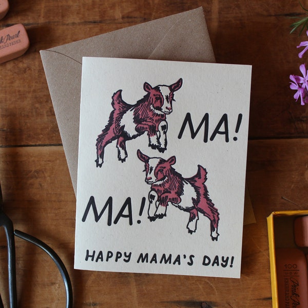 Happy Mama's Day Goat Card - letterpress mother's day greeting card with baby goats - farm animal letter press mothers day card