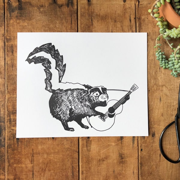 Skunk Playing Guitar Letterpress Art Print Illustration, folk bluegrass music, black and white, children decor, nursery room, animal wall