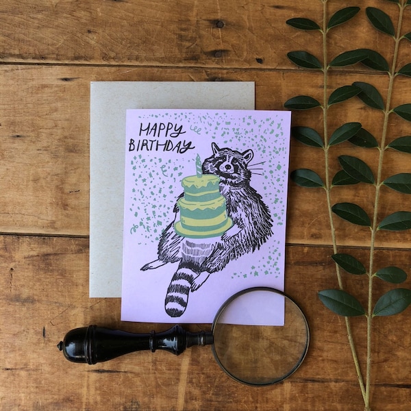 Raccoon Birthday Letterpress Card - fat happy raccoon eating cake