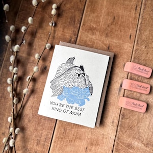 May include: A greeting card with a black and white owl illustration and the text "YOU'RE THE BEST KIND OF MOM" on a wooden surface. The card is accompanied by a brown envelope and three pink erasers. Pussy willow branches are in the background.