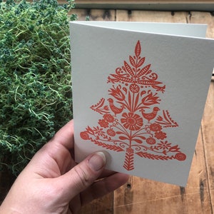 Swedish folk art letterpress Christmas card tree, decorative, design Christmas, holiday, red and white, nature inspired, blank art card image 4