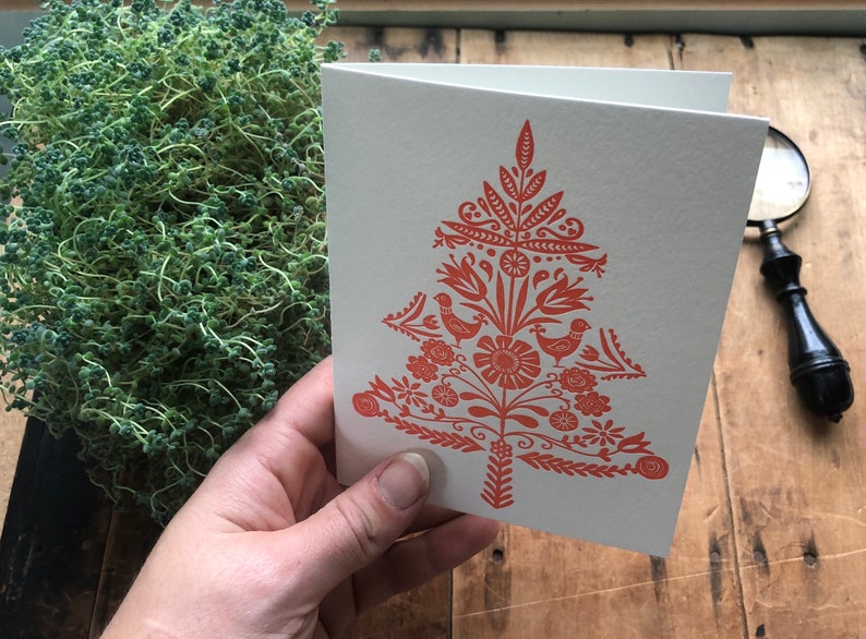 Swedish folk art letterpress Christmas card tree, decorative, design Christmas, holiday, red and white, nature inspired, blank art card image 4