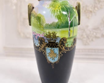 Nippon Porcelain Antique Vase Hand Painted Landscape Scene Art Nouveau Floral Japanese Decor Collectible Pre 1921 Western