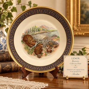 Könnte beinhalten: Ein runder Porzellan-Sammelteller mit einer farbenfrohen Illustration von Bibern an einem Damm am Flussufer. Der Teller hat einen breiten dunkelblauen Rand mit goldenen Ornamenten und einem Goldrand. Ein kleines Schild trägt die Aufschrift LENOX.