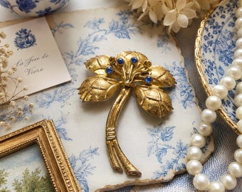 Vintage Gold Tone Leaf Spray Brooch with Blue Rhinestones | Mid Century Floral Pin | Retro Statement Jewelry | Gift for Her