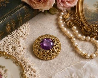 Vintage Purple Rhinestone Brooch Gold Tone Filigree Pin Oval Jewelry Amethyst Colored Crystal Floral Estate Accessory Great Condition